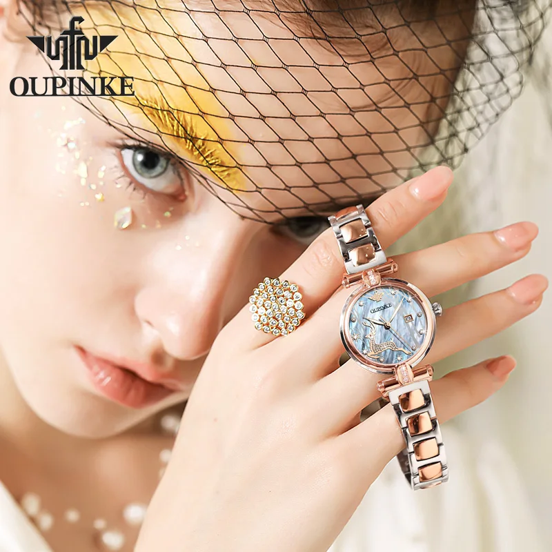 يحتوي العلامة التجارية Q Oupinke 3180 على ساعة نسائية ميكانيكية أوتوماتيكية بالكامل مقاومة للماء