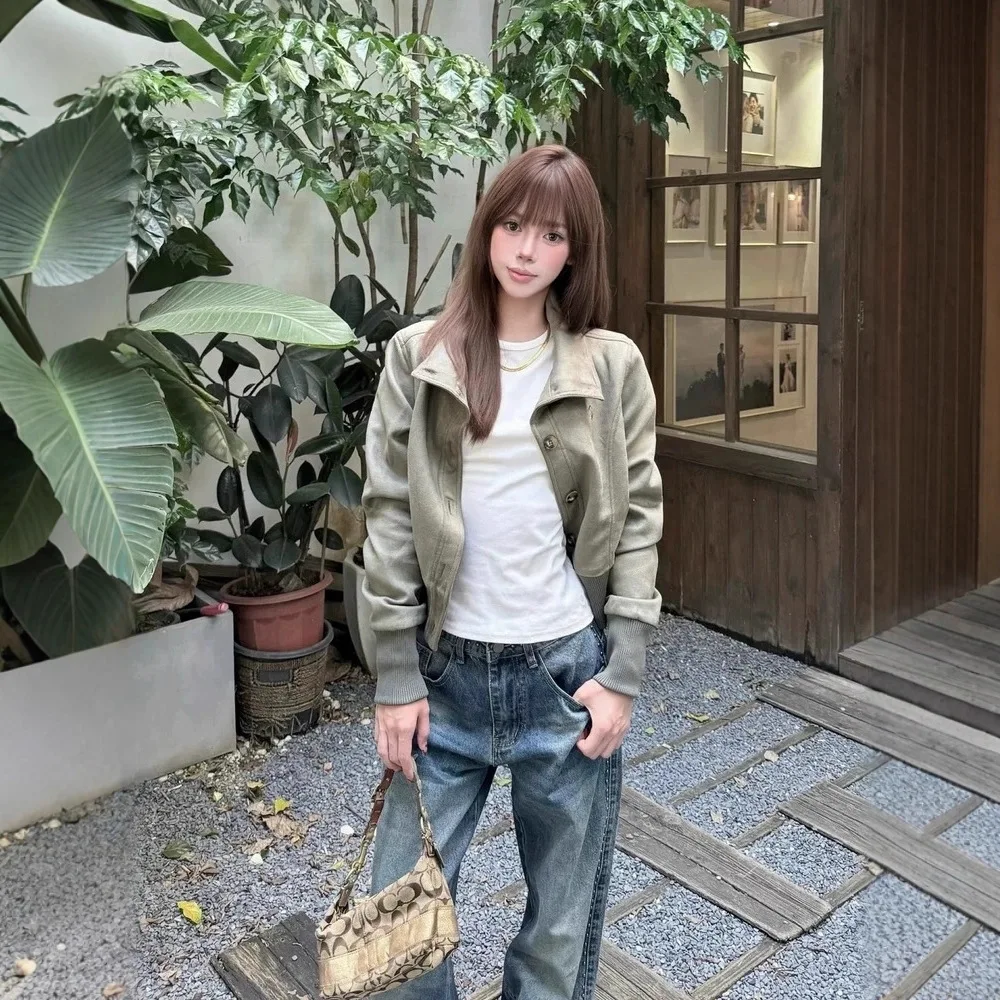 Trainning Stand-up Collar Suede Jacket Women's Autumn New Product Slim and Thin Design Sense Fashionable Versatile Coat Top