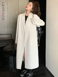 LANMREM White Long Blazer Women Office Lady Notched Collar Double Breasted Coat Versatile 2024 Spring New Clothing 2AA4901