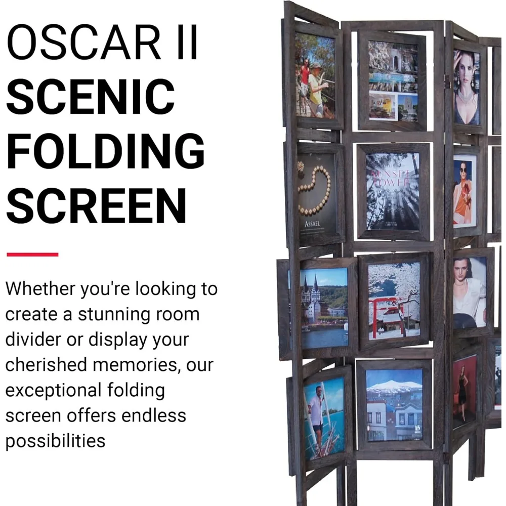 Scenic 4 Panel Folding Screen Room Divider with 16 Picture Frames to Display 32 Pictures, Paulownia Wood, Smoked Brown Finish