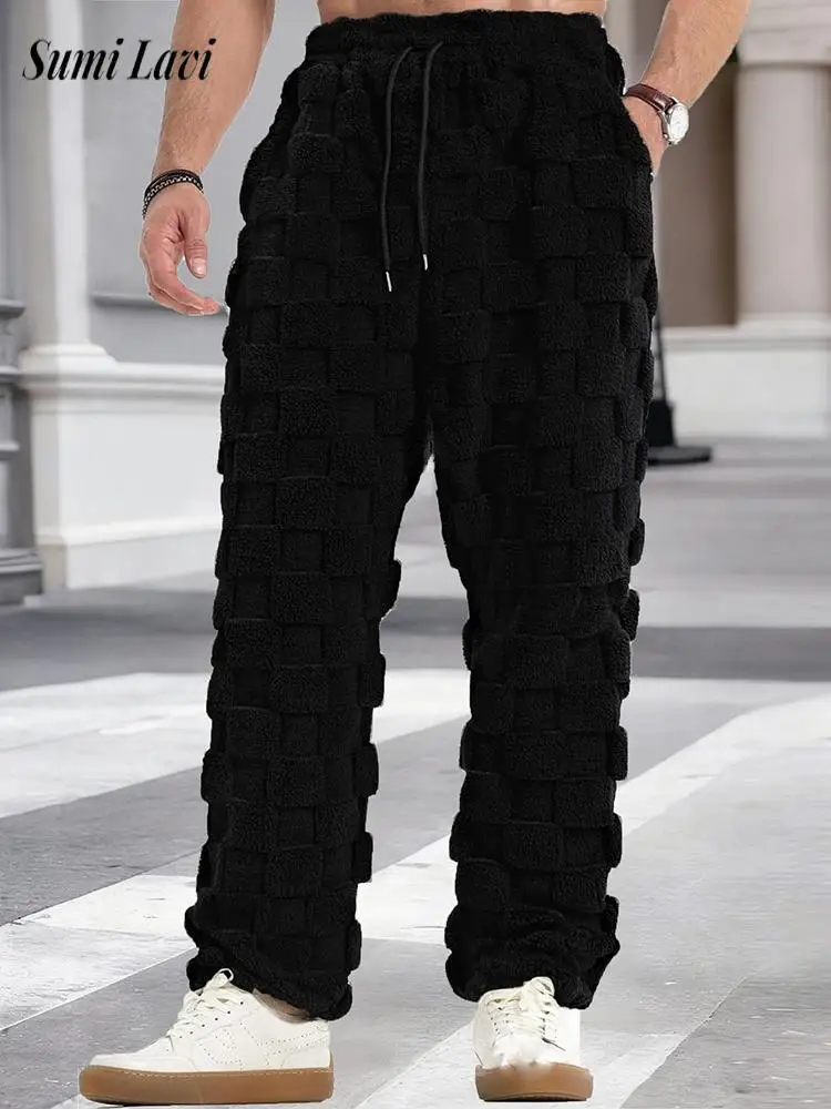 

Винтажные брюки с клетчатой текстурой на шнурке, мужские осенне-зимние повседневные свободные плюшевые флисовые брюки для отдыха, мужские уютные брюки
