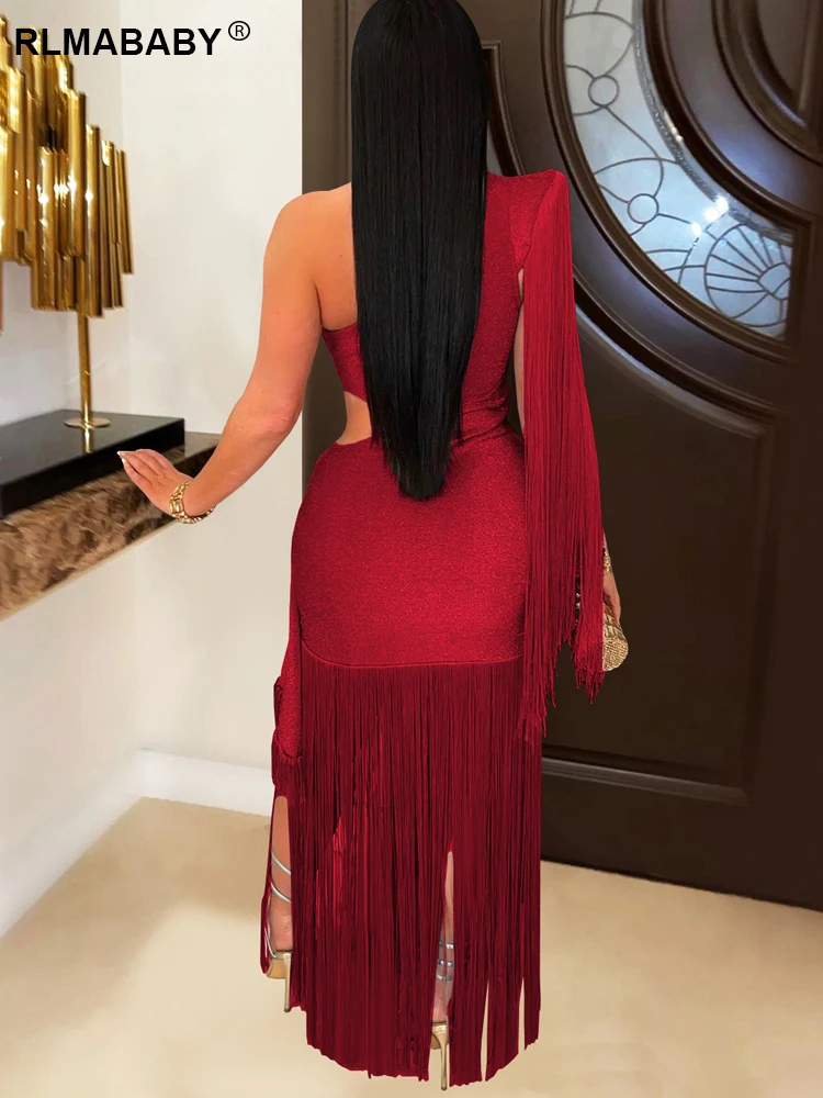 RLMABABY エレガントな赤いワンショルダータッセルガウン セクシーなシースロングドレス レディース カジュアル バックレス カットアウト クラブ パーティー マキシ ボディコンドレス