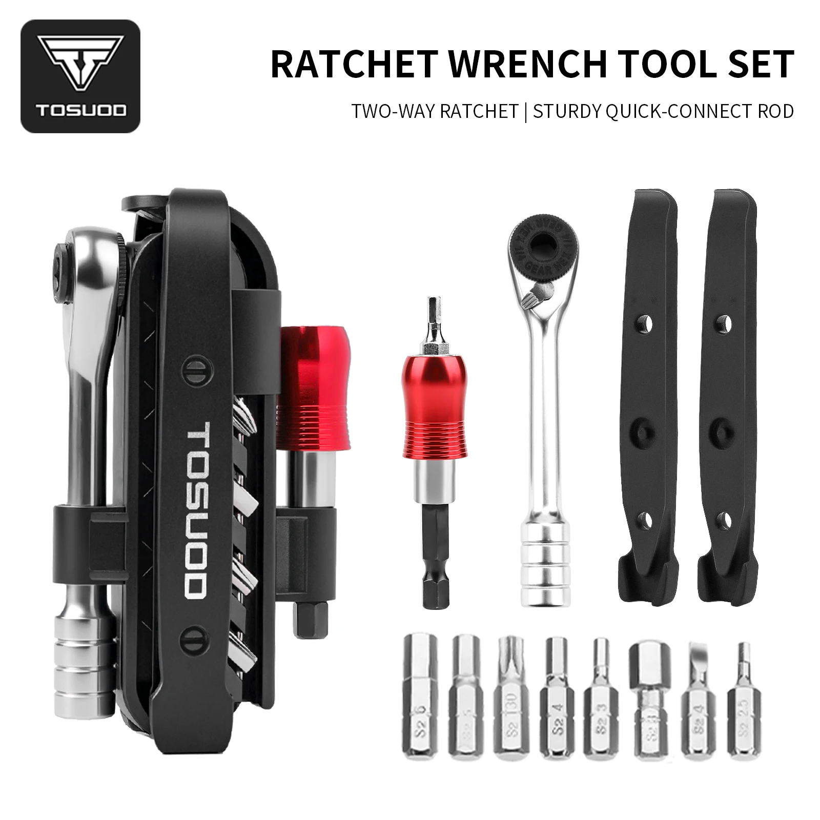 TOSUOD 1/4-Zoll Zwei-Wege-Ratschenschlüssel-Set, Mini-Ratsche & Schnellverbindungsstangen, Faltbares Fahrrad-Reparaturset, S2-Bits & Reifenheber