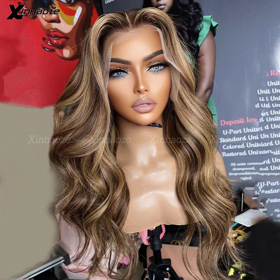 Highlight Ombre 13x4 HD Transparent Lace Front Wig Wavy Human Hair Wigs Honey Blonde Colored Brown Roots Closure Wigs For Women