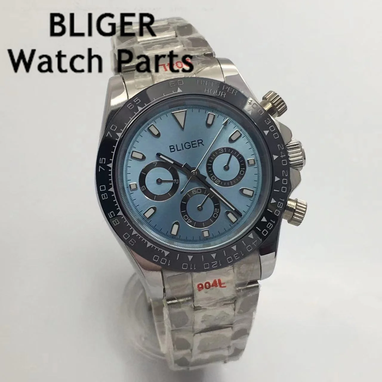 

BLIGER 39mm Multifuction Automatic Men Watch Sapphire Glass Date Waterproof Blue Black Grey BezelDial Silver Bracelet Ceramic