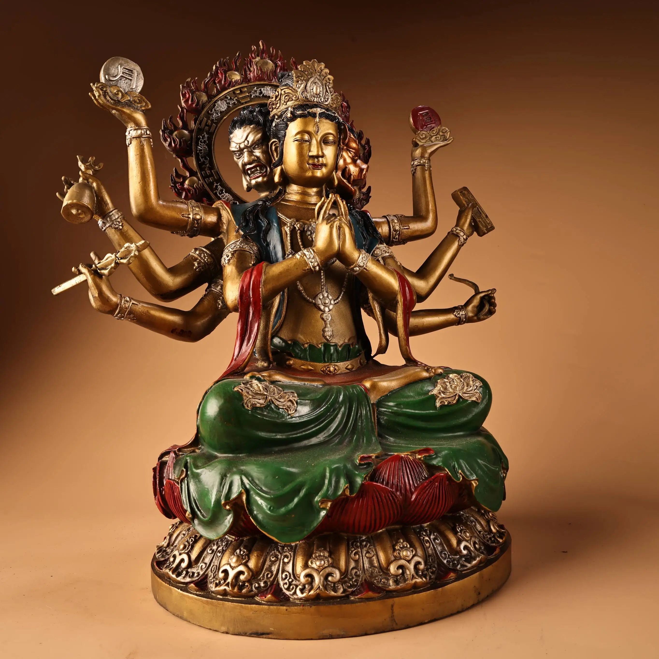 Old Bronze Painted High Relief Doumu Yuanjun The Goddess of Big Dippers Sitting Buddha immortal Lotus Buddha Terrace