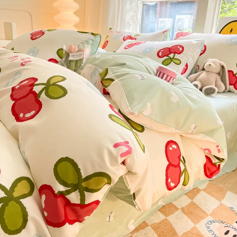 Fresh girl heart four-cotton bedding sheet quilt cover cartoon dorm three-piece set