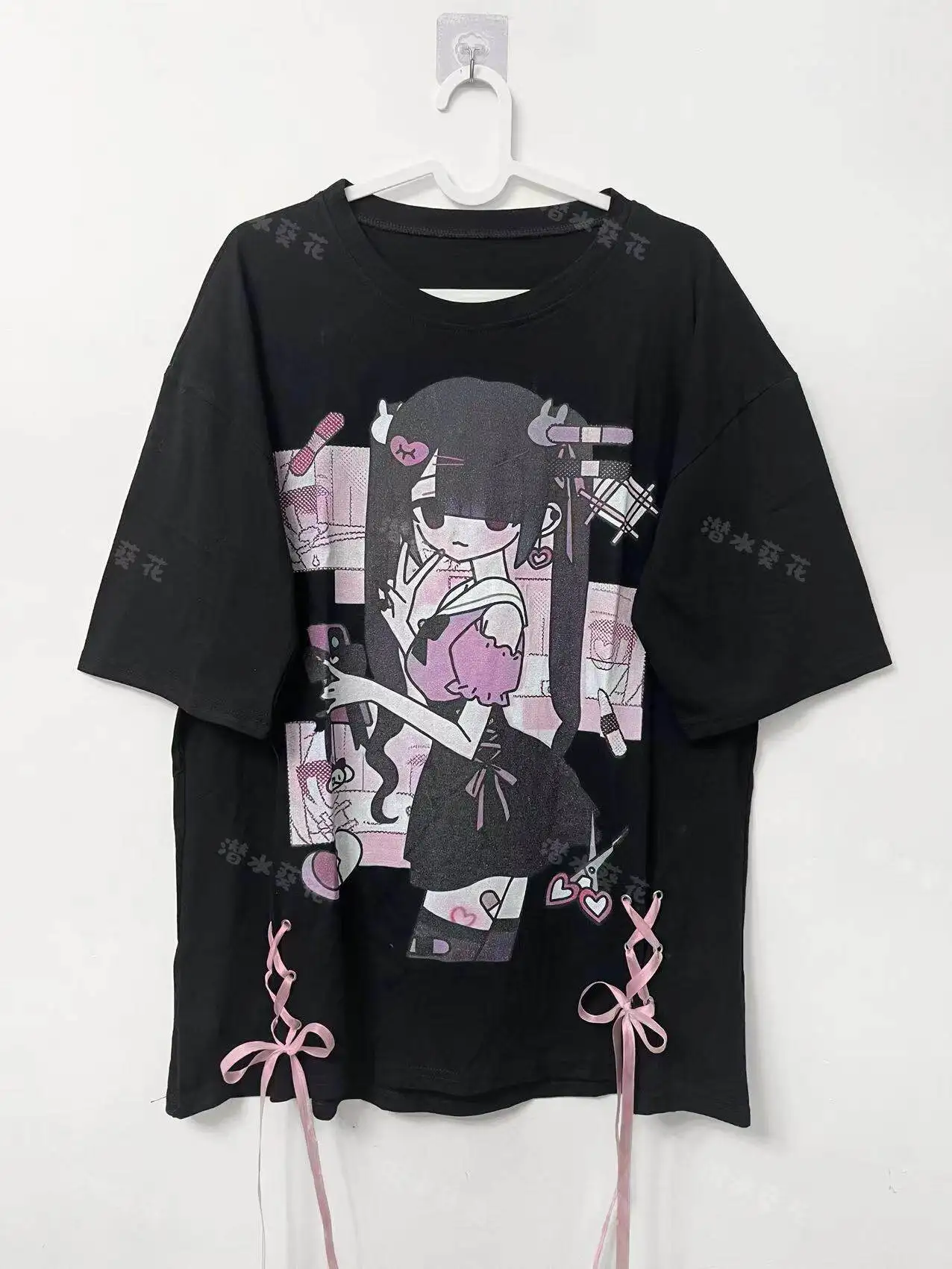 Anime Kawaii Girl Oversized T-Shirt Y2K Harajuku Gothic Grunge Summer Casual Tee with Ribbon Lace-up
