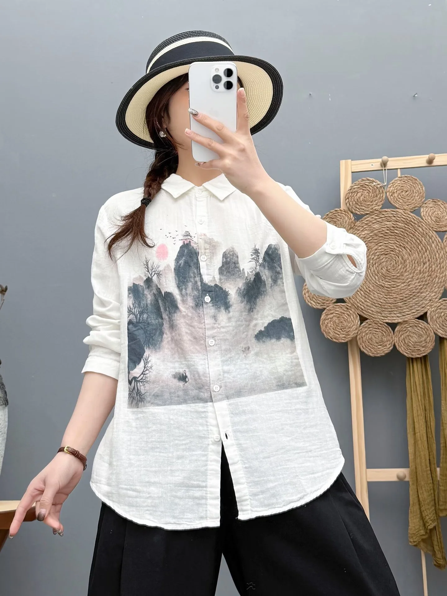

2026 Autumn Youth women's blouses 100% cotton yarn ink and wash print shirts and blouses for women vintage clothing