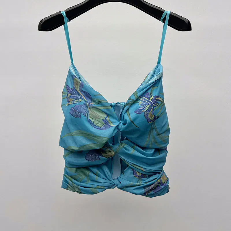 

Women‘s Sexy Blue Printed Camisole 24 Fashion Knot Floral Bra Top Spicy Girls Streetwear Summer New High End Y2K Clothing Runway