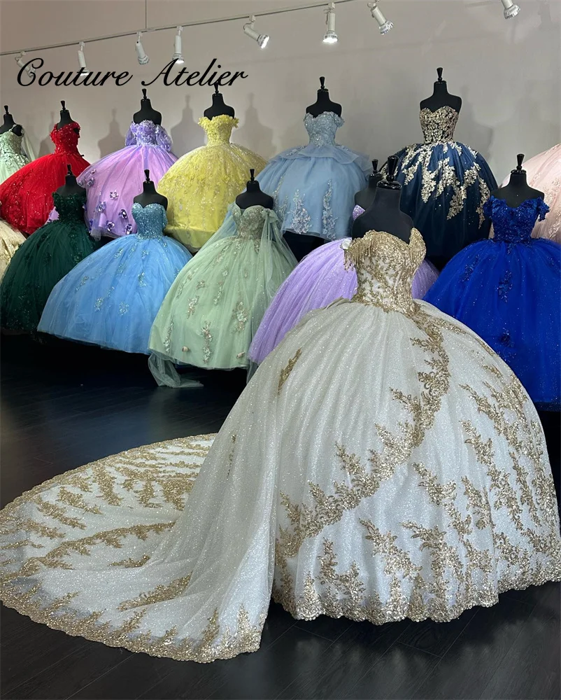 

Luxury Champagne Gold Princess Quinceanera Dresses Off Shoulder Sequin Applique Pearls Cinderella Sweet 16 Dress Vestidos