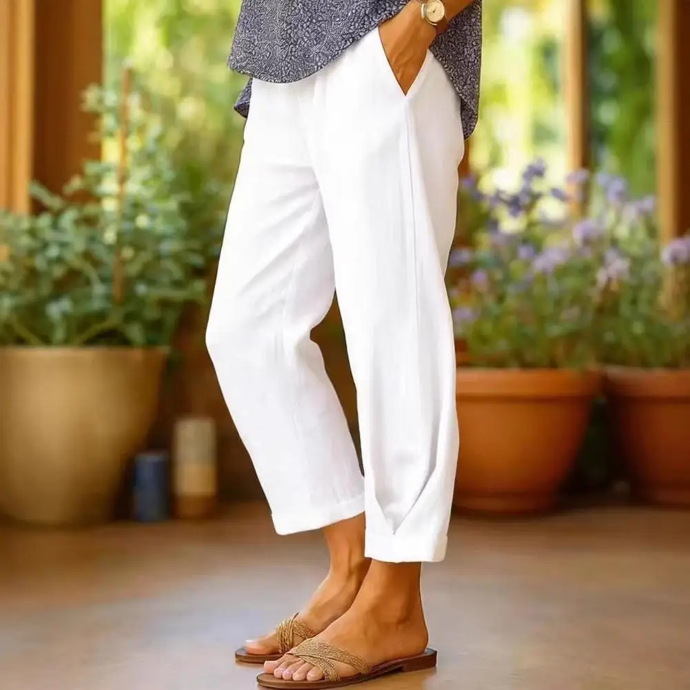 

Women Pants Women Trousers Women’s Mid-rise Pants Elastic Waist Pockets Loose Fit Leisure Trousers Stretch Waist Casual Pants