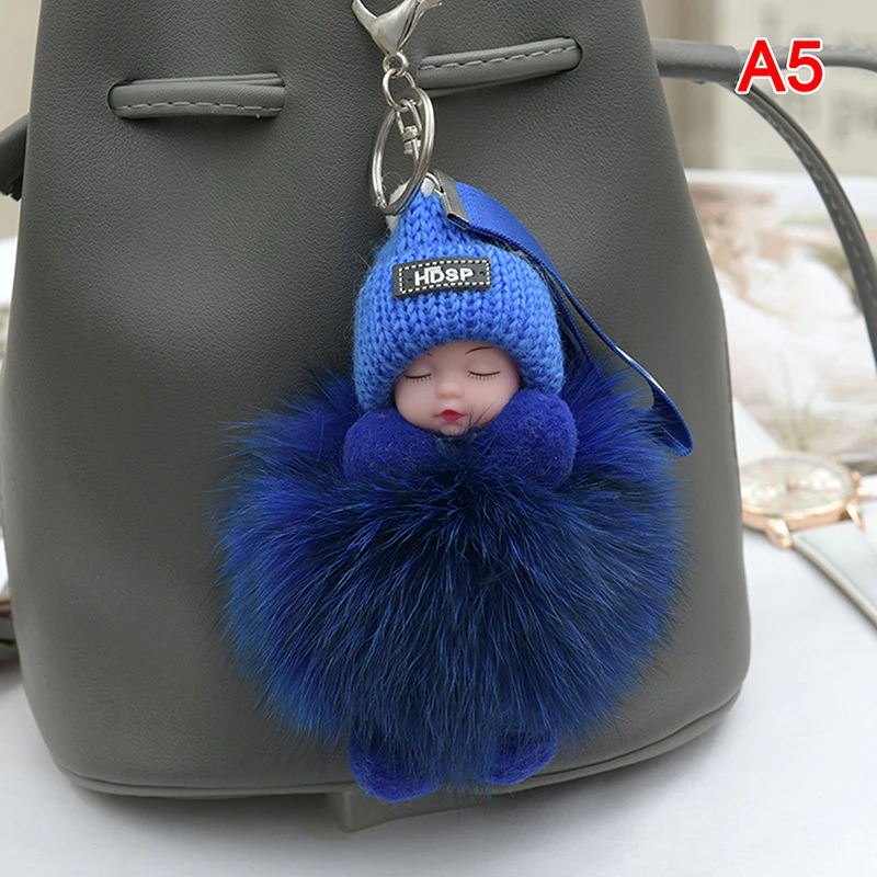 Pompom schlafendes Baby Schlüsselanhänger süße flauschige Plüschpuppe Schlüsselanhänger Frauen Mädchen Taschen Schlüsselanhänger Autos Schlüsselanhänger Geschenk charmante Dekoration