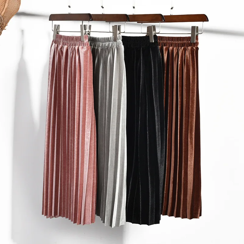 Girls Velvet Pleated Long Skirt Spring Autumn New Children\'s Cotton Casual Loose Elastic Waist Skirts WT773