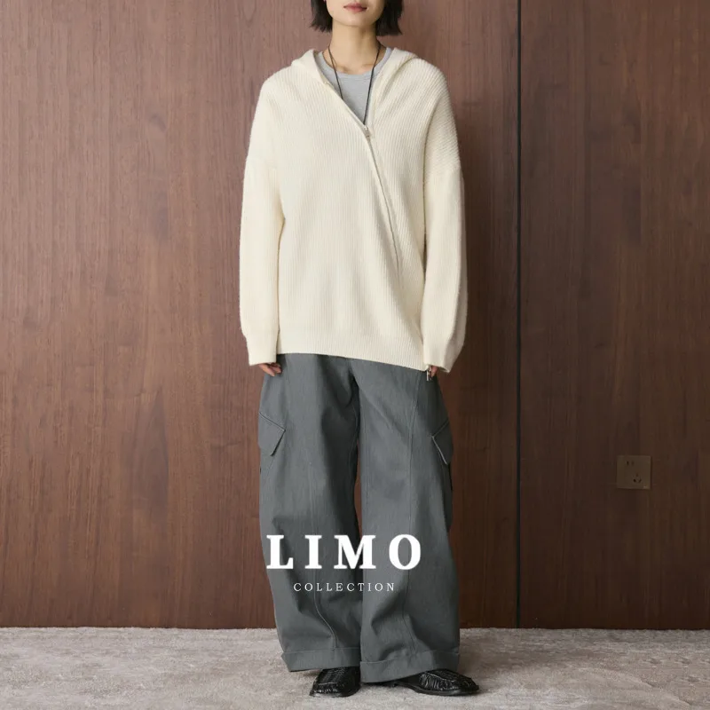 سترة LIMO النسائية المحبوكة من الأكريليك مع قلنسوة وسحاب معطف كاجوال دافئ طويل سترة لخريف وشتاء ملابس الشارع اليومية