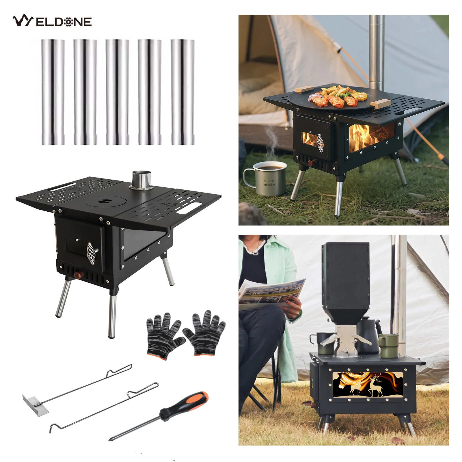 Hot Tent Stainless Steel Wood Burning Folding Camping Stove BBQ with 5-Section Chimney Freestanding Design
