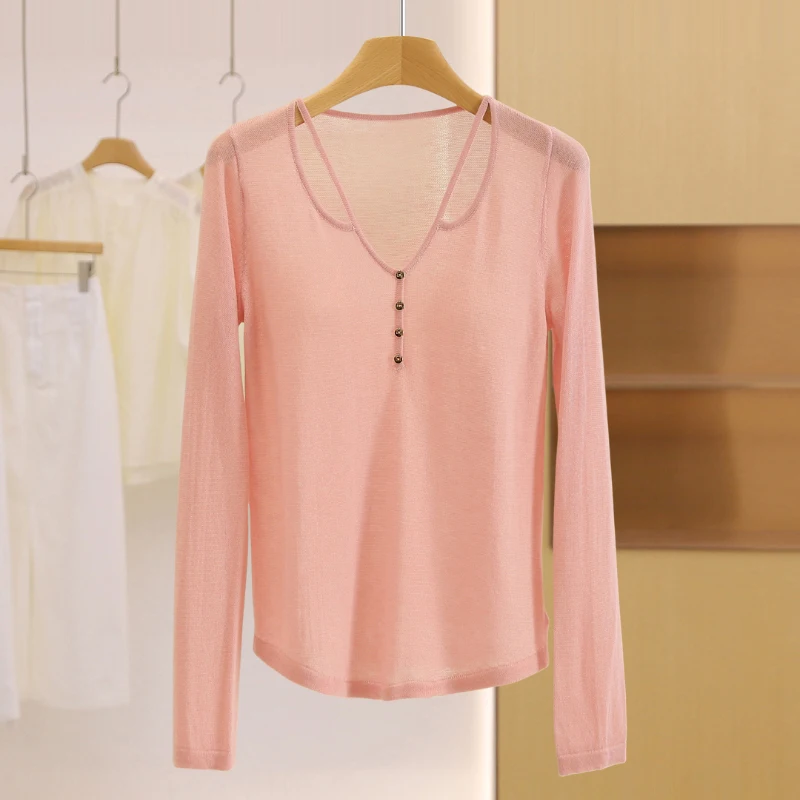 

Универсальный легкий трикотаж V-Ne, однотонный дизайн с полыми пуговицами для осени, модная повседневная одежда, полиэстер, шерсть...