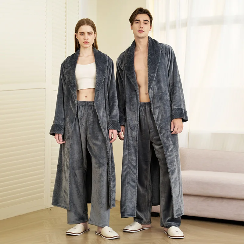 

Women Flannel Thickened Pajamas 2PCS Couple Robe Pant Set Winter Coral Velvet Men Bathrobe Home Clothes