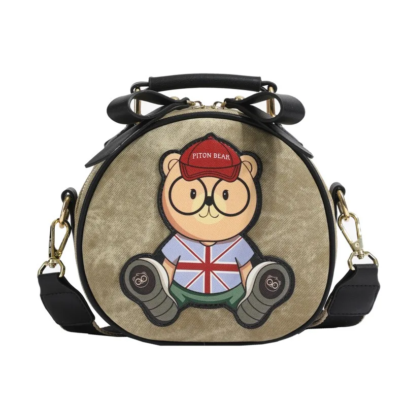 Beibaobao Small Round Bags 2024 Summer Retro Women\'s Bag Canvas Bear Pattern Design Casual Fashion Single Shoulder Crossbody Bag