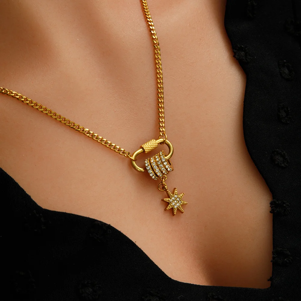 

Stylish Waterproof 18K Stainless Steel Mountaineering Buckle Pendant Necklace with Zircon Amulet Ladies Jewelry Gift