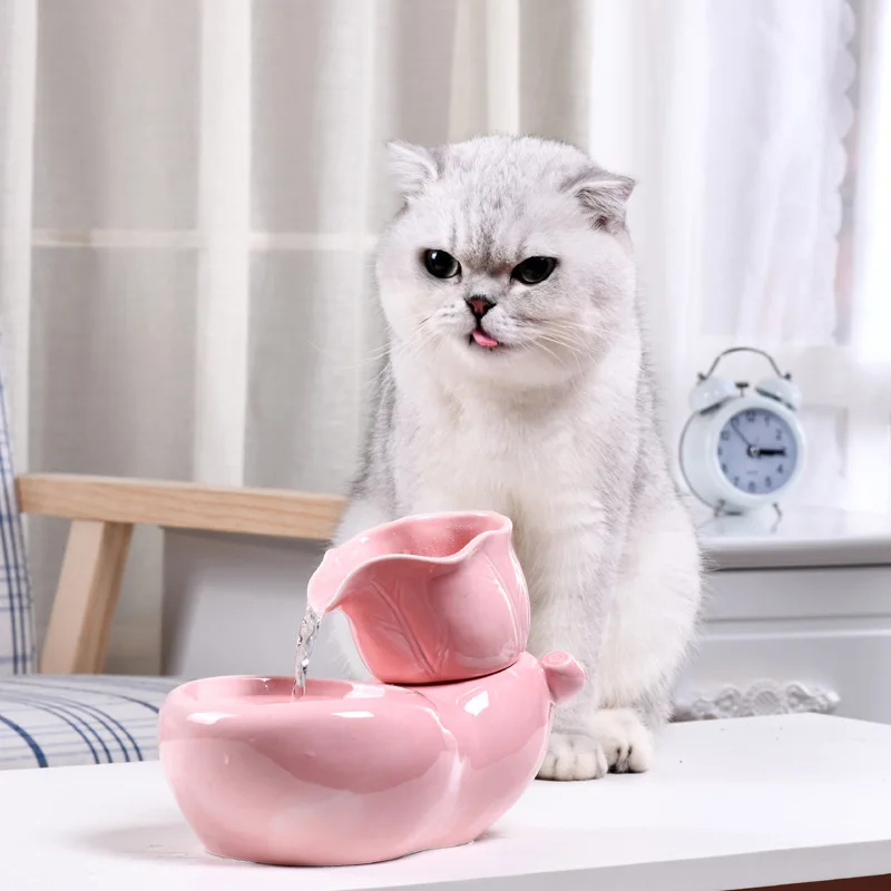 Automatic Electric Water Fountain for Cats, Ceramic Drinking Pet Water Fountain for Dogs, Drinker Bowls, Pink Waterer Dispenser