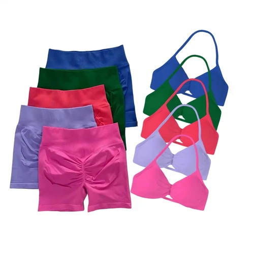 Imagen 2 del producto Traje deportivo de Yoga para mujer, sujetador de Yoga con cuello sin costuras, Top, pantalones cortos de entrenamiento de cintura alta, traje deportivo, 2 uds.