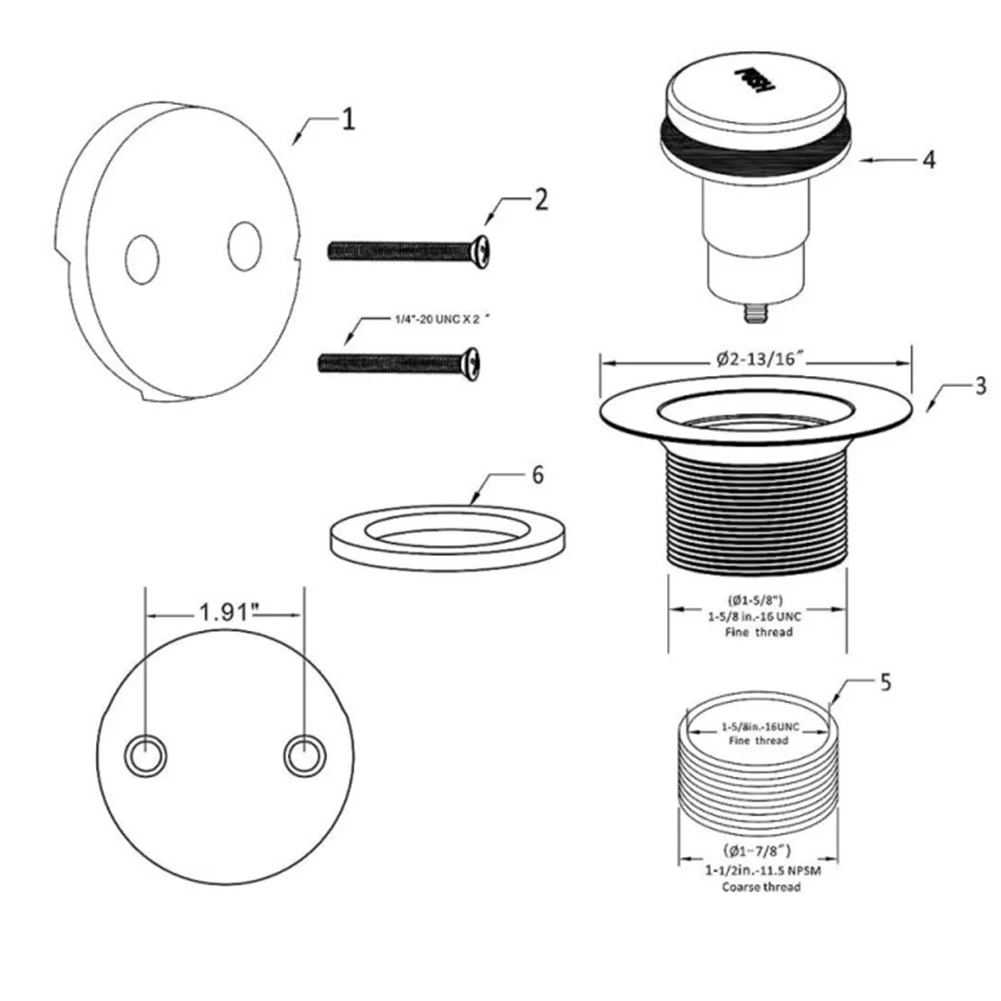 Bathtub Drain Repair Kit with 2 Hole Overflow Faceplate and Thread Adapter Designed for Standard Tub Drain Waste Sizes