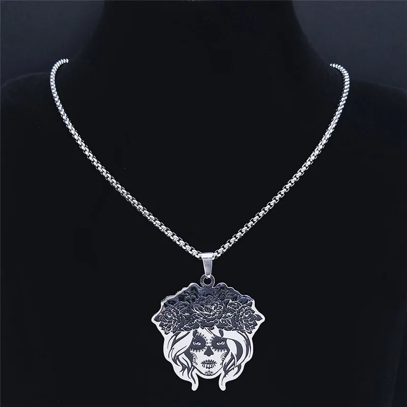 2024 Mexican Female Skull Stainless Steel Chain Necklace for Women/Men Silver Color Necklaces Jewelry collar mujer N3636S02
