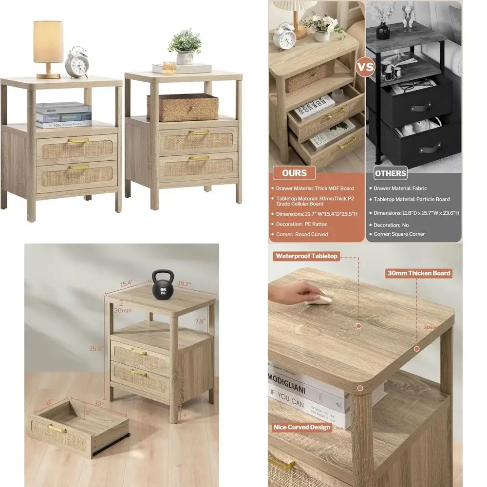Rattan Nightstands Pair - 2 Drawer Bedside Tables with Open Shelf, Farmhouse Style Wooden Accent Tables