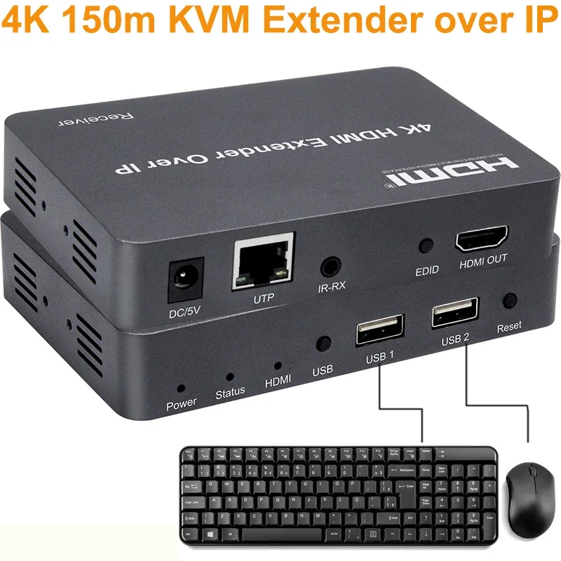 4K 150m IP HDMI USB KVM Extender Splitter Video Transmitter Receiver Over Cat5e Cat6 Rj45 Ethernet Cable Lossless Compression