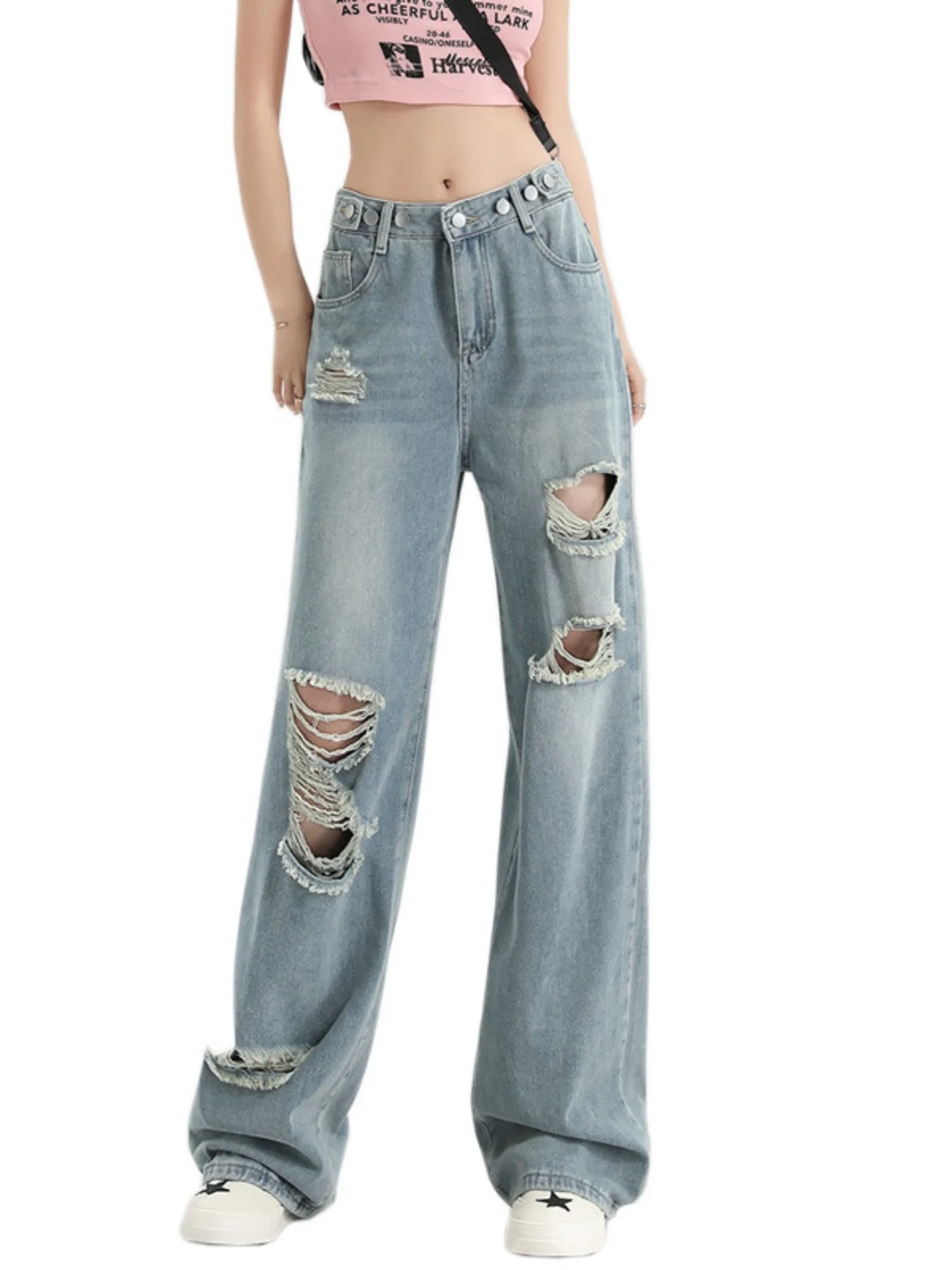 

Women Distressed Wide Leg Jeans Vintage Wash Ripped Denim Pants High Waist Adjustable Buttons Y2K
