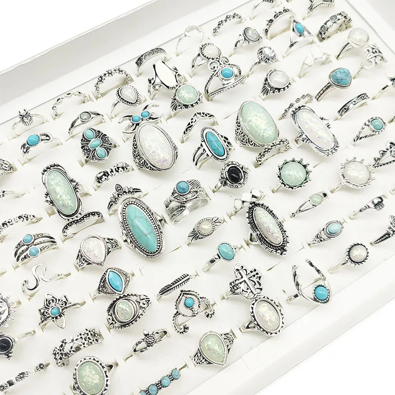 50pcs/Lot Factory Wholesale Mix Style Finger Rings For Women Evil Eye Vintage Animal Fake Opal Colorful Crystal Jewelry Party