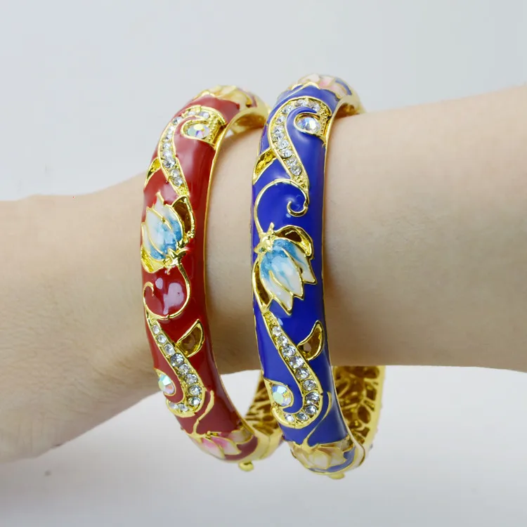 Vintage Enamel Lotus Rhinestone Bangle Spring Hinged Cuff Bracelets for Women Chinese Cloisonne Traditional Handcrafts Jewelry