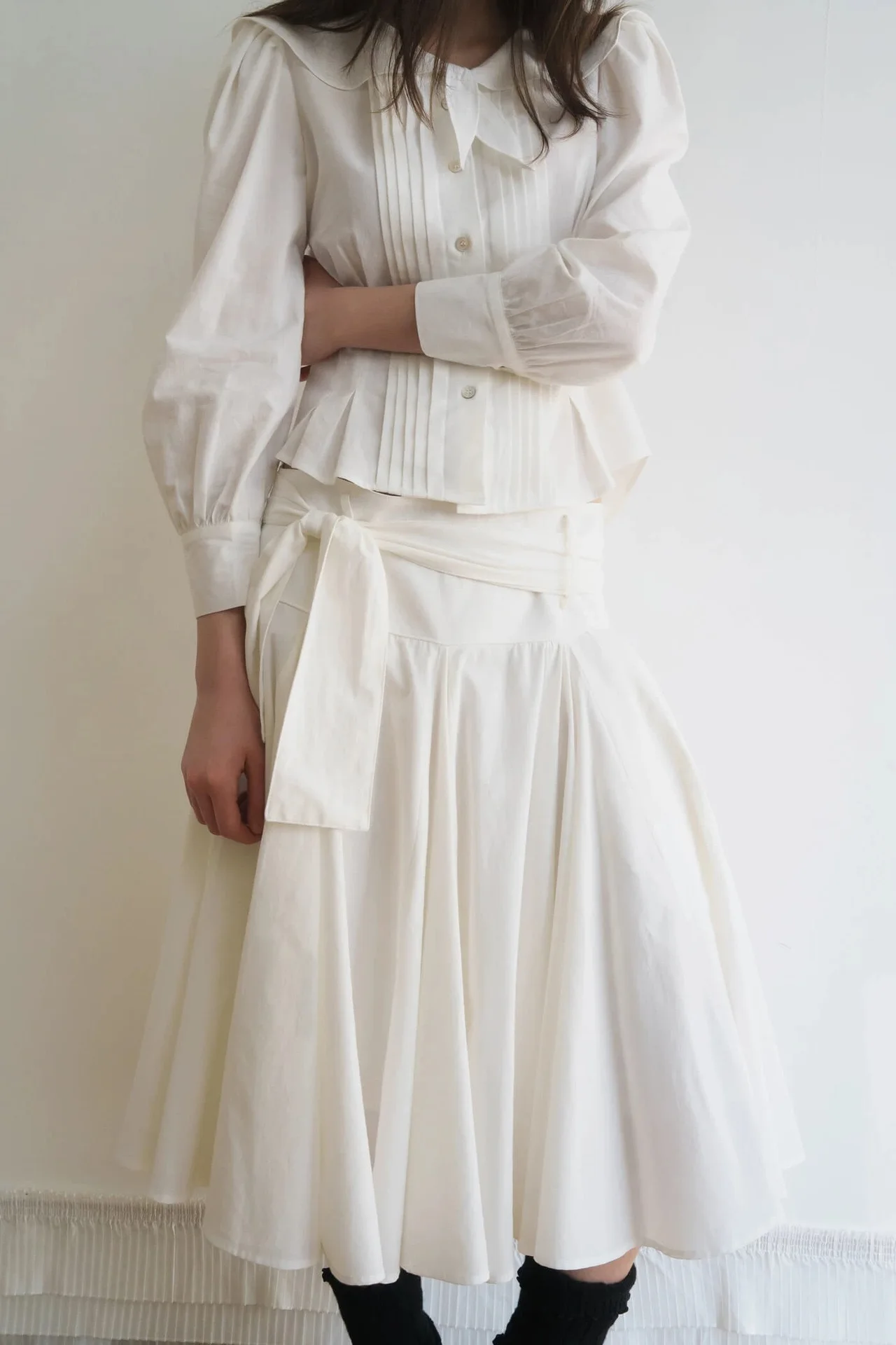 

Spring Summer Women's Long Sleeve Shirt Waist Cinched Bubble Sleeve Turn-down Collar Smooth Polyester Cotton Viscose Blend