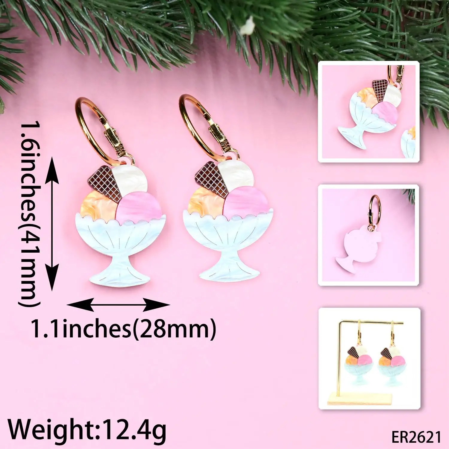 XCXER2621 Summer Unisex Vintage Earrings Colorful Ice Cream & Dessert Patchwork UV Laser Cut Hoop Floral Flower Shape