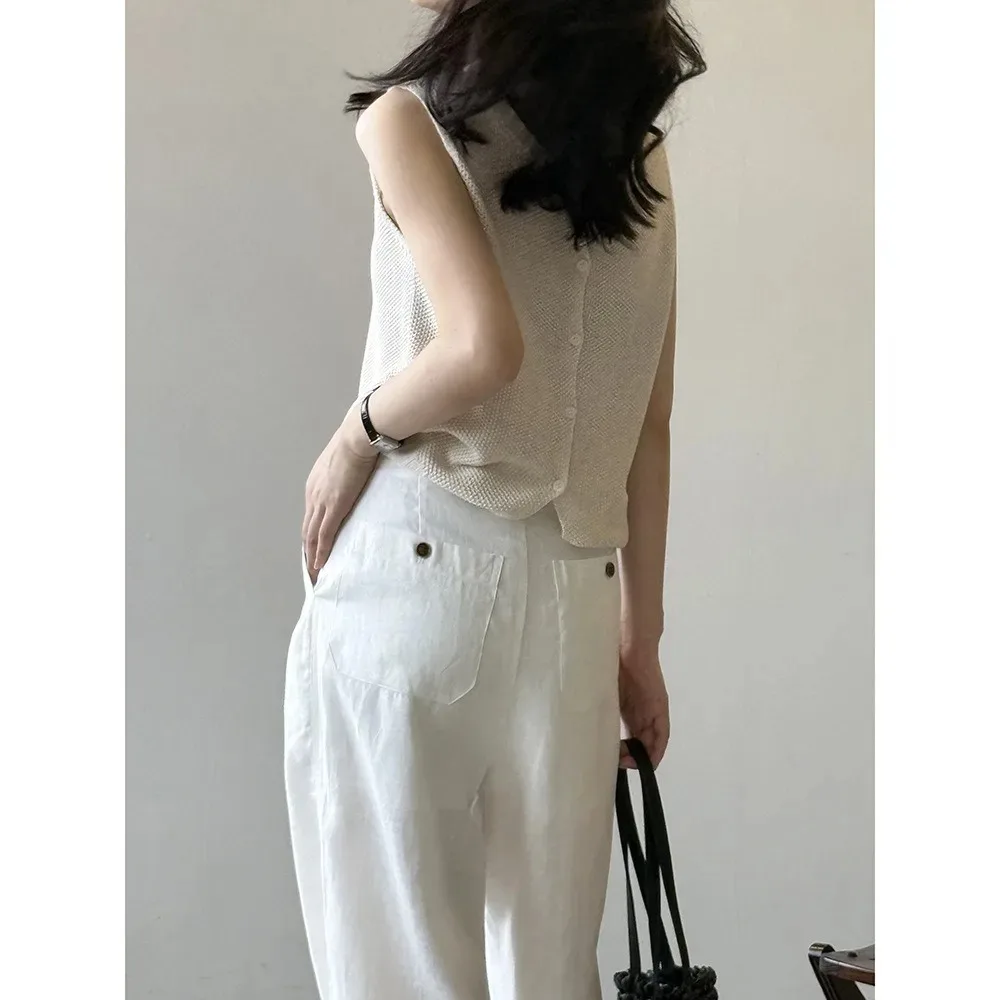 Colete de malha de linho simples usa colete sem mangas com botão no verão