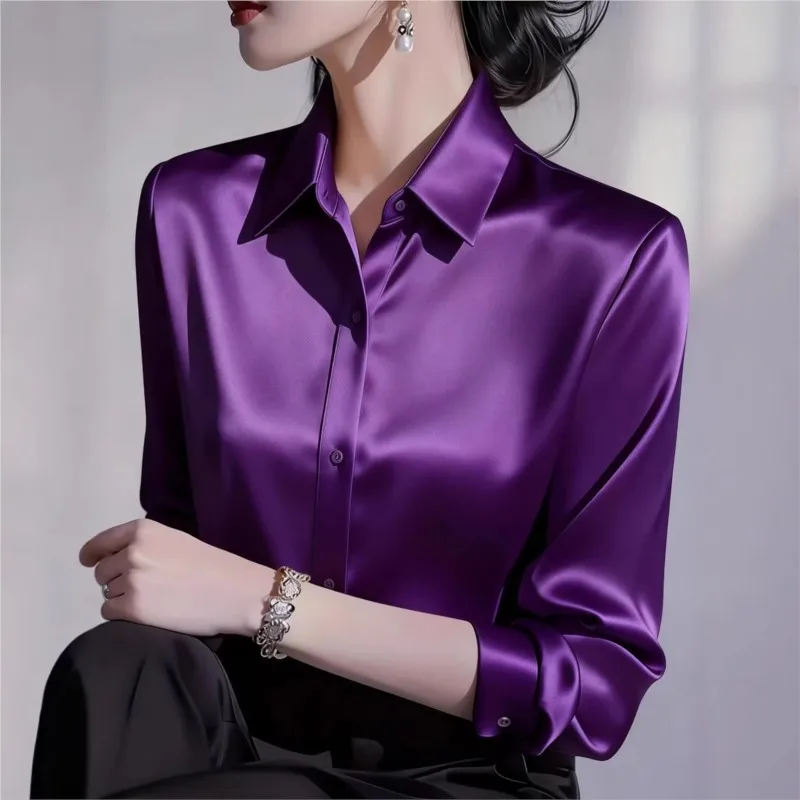 

2026 Summer Women's Satin Shirts Elegant Plain Long Sleeve Blouse Office Lady Button-Up Shirt Top Female Shirts Blouse