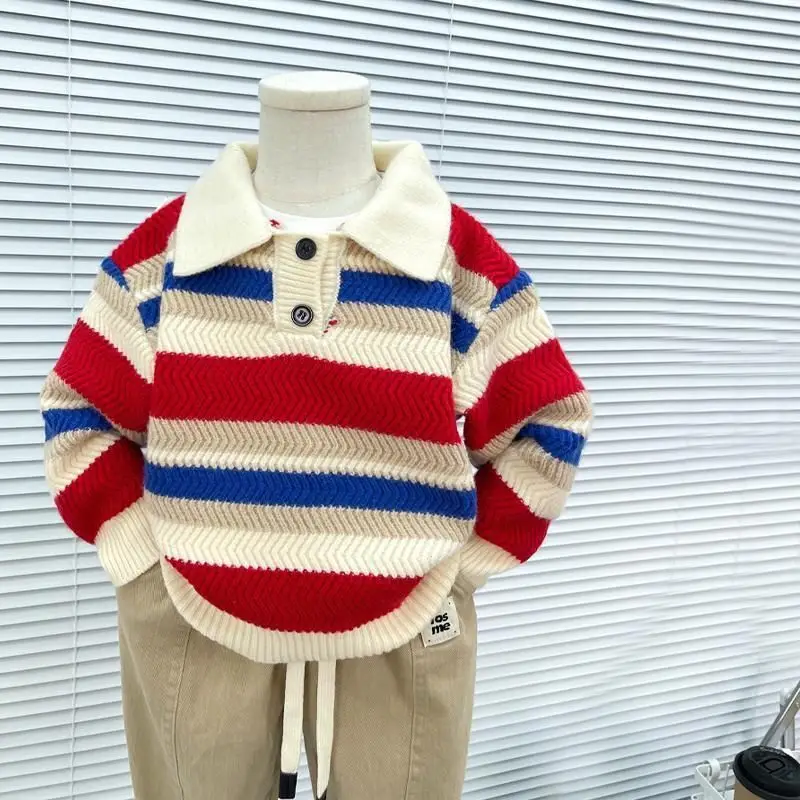 Boys Woolen Sweater Crochet Autumn Winter Cotton Windbreak 2025 Gray  Christmas Gift School Warm Children's Clothing
