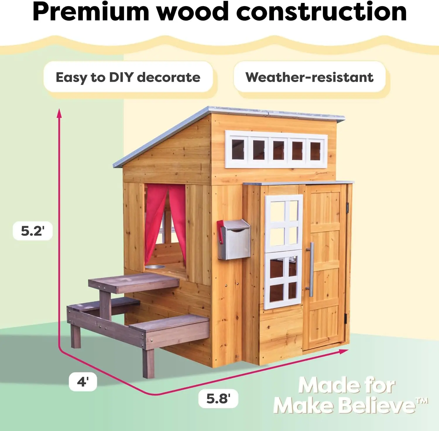 Casa de juegos moderna de madera para exteriores con mesa de picnic, buzón y parrilla al aire libre, regalo para mayores de 3 años