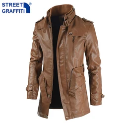 2023 Chaqueta de cuero PU de lana gruesa larga de invierno para hombre, ropa de calle para hombre, ropa de negocios informal, chaquetas de cuero con bolsillo, abrigo, prendas de vestir para hombre