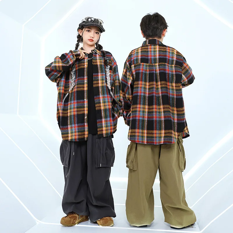 Costume Hip Hop pour garçons, chemise à carreaux à rayures, pantalon Cargo kaki/gris pour filles, danse de rue, vêtements de Jazz pour enfants, ensembles Streetwear pour enfants
