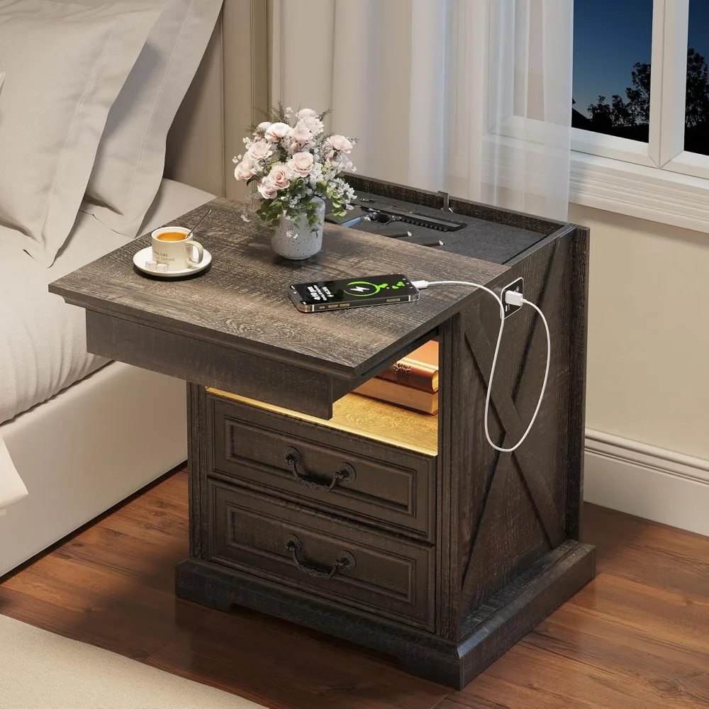 Rustic Bedside Table with Hidden Gun Storage, LED Lighted Nightstand with Motion Sensor, Charging Station End Table