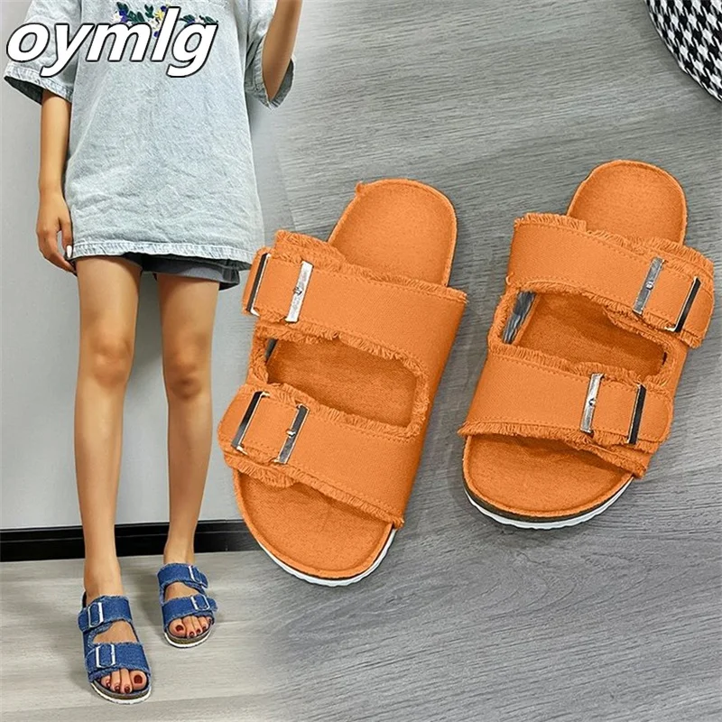 Large size slippers for women wearing out 2024 new style with belt buckle, denim, canvas, one line cool mop for women