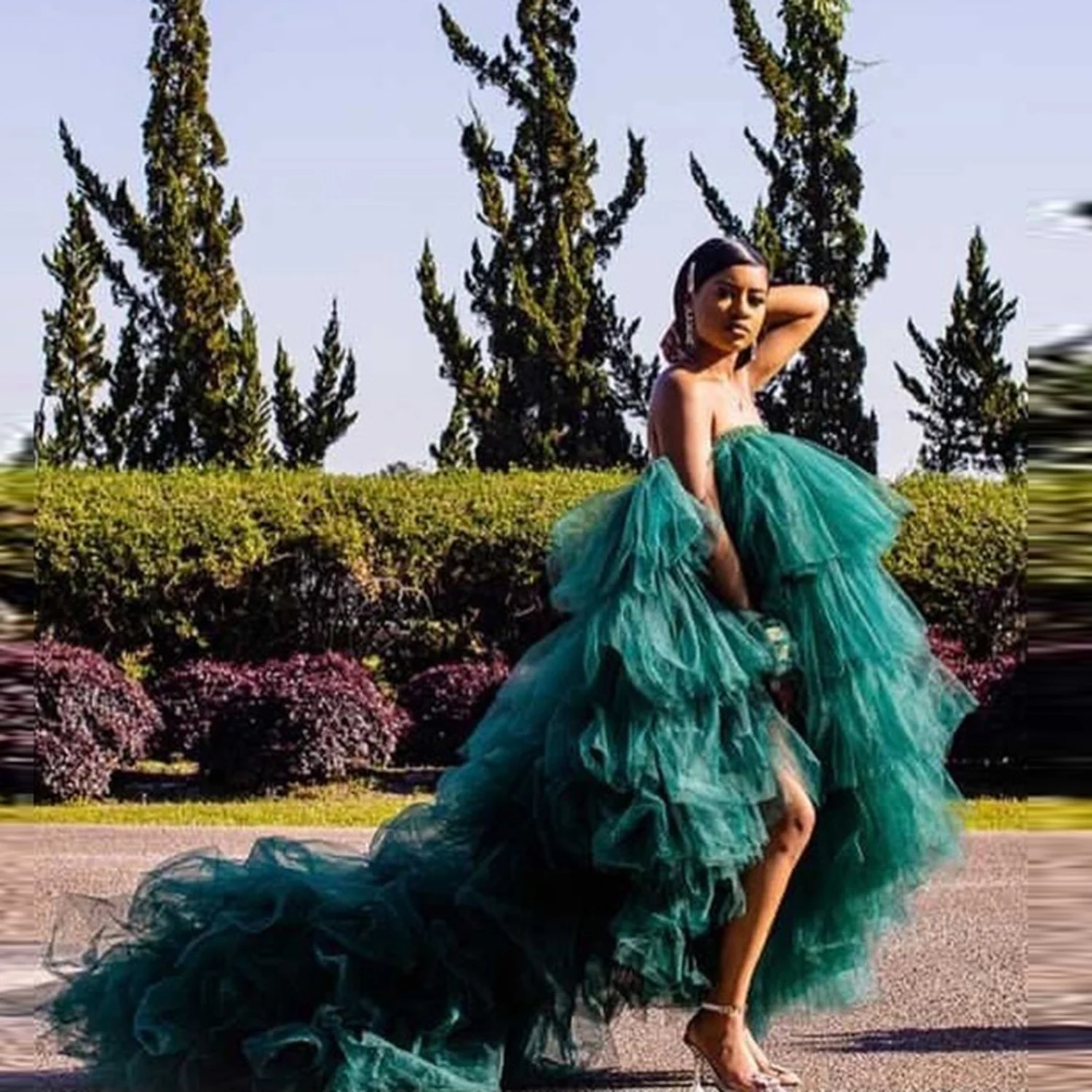 Verde escuro em camadas tule vestido de baile sexy sem alças extra inchado alto baixo varredura trem vestidos de noite formal wear vestido de festa