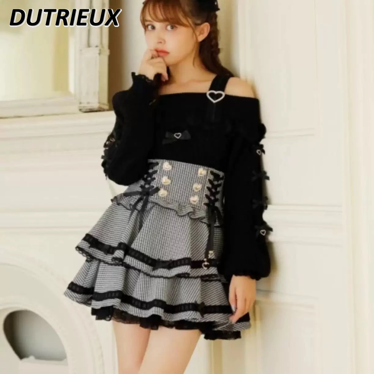 

Autumn and Winter New Sweet Girls Off-shoulder Long-sleeved Versatile Sweater Bow Lace Sexy Knitted Pullover for Women