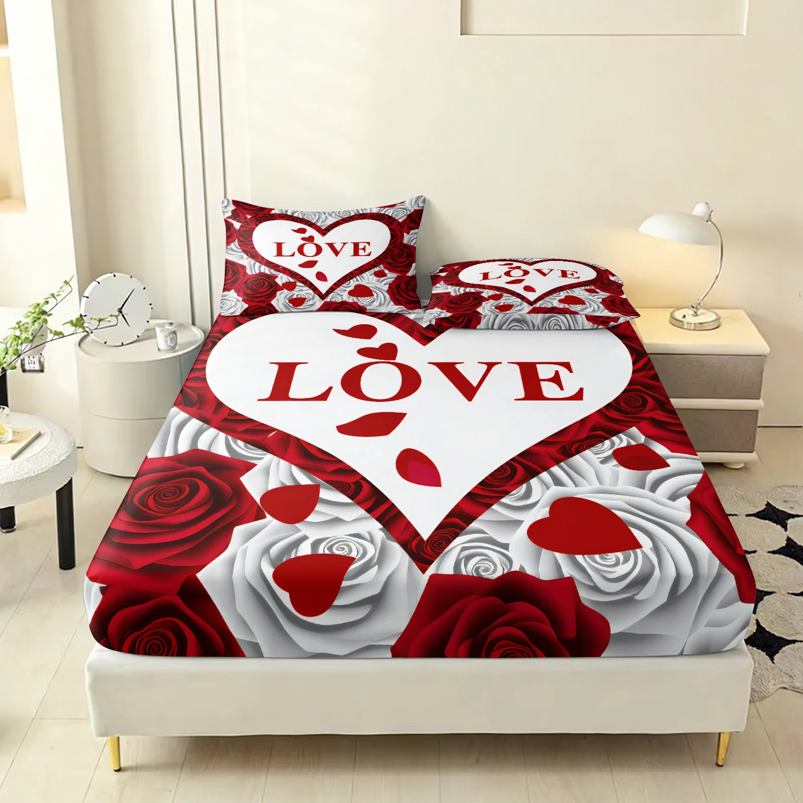 2D Romantic Red Rose and Heart Pattern Bedding Set, Floral Bedding Mattress Cover with Pillowcases, Three-Piece Bedding Set (Includes 1 Fitted Sheet + 2 Pillowcases), Large Capacity Deep Pocket 2D Printed Fitted Sheet and 2 Pillowcases, Three-Piece Set, Elastic Fitted Sheet and 2 Pillowcases, Mattress Protector, Fitted Style, Protective Cover, Mattress Protector, Suitable for All Seasons, Machine Washable Design, Holiday Decoration, Various Sizes, Breathable Protective Cover with Pillowcases