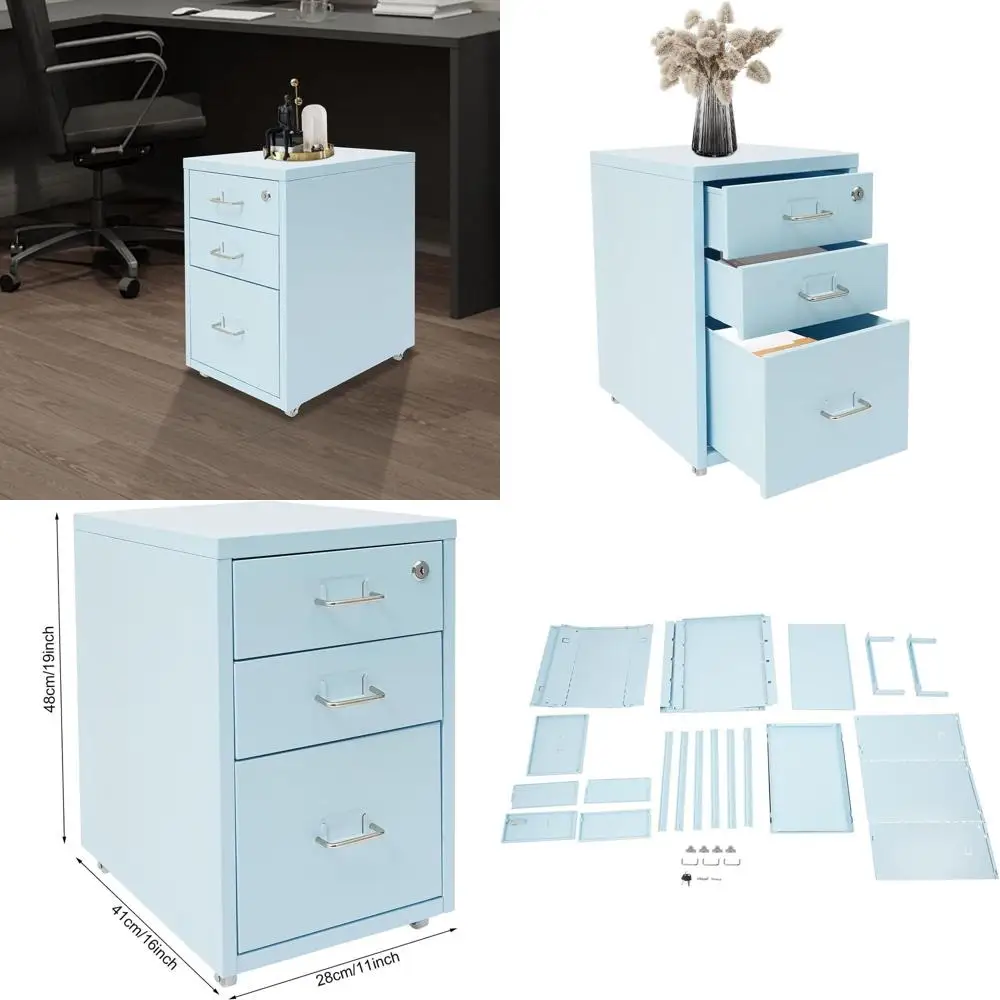 

Blue 3-Drawer Lockable Metal File Cabinet, 11x16x18.3in, Mobile A4 Storage Organizer for Home Office