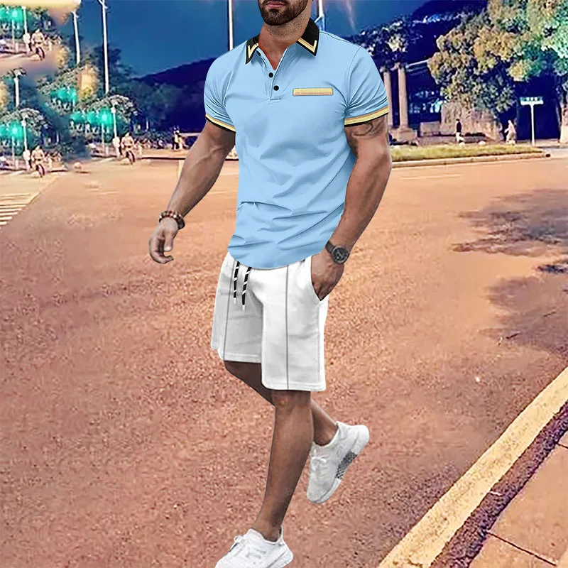

Men's short sleeved set street casual sportswear outdoor jogging suit 2024 New Summer polo shirt top+shorts 2-piece set