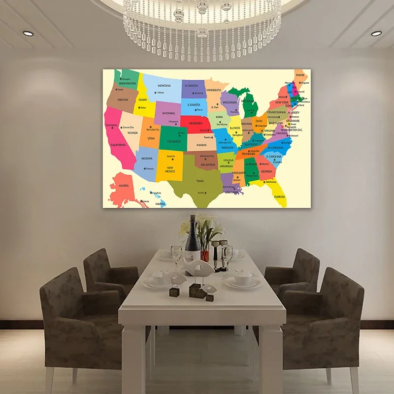 Mapa United State w języku angielskim 225 * 150 cm Duży rozmiar na płótnie Malarstwo ścienne Plakat i wydruki Pokój Wystrój domu Materiały biurowe