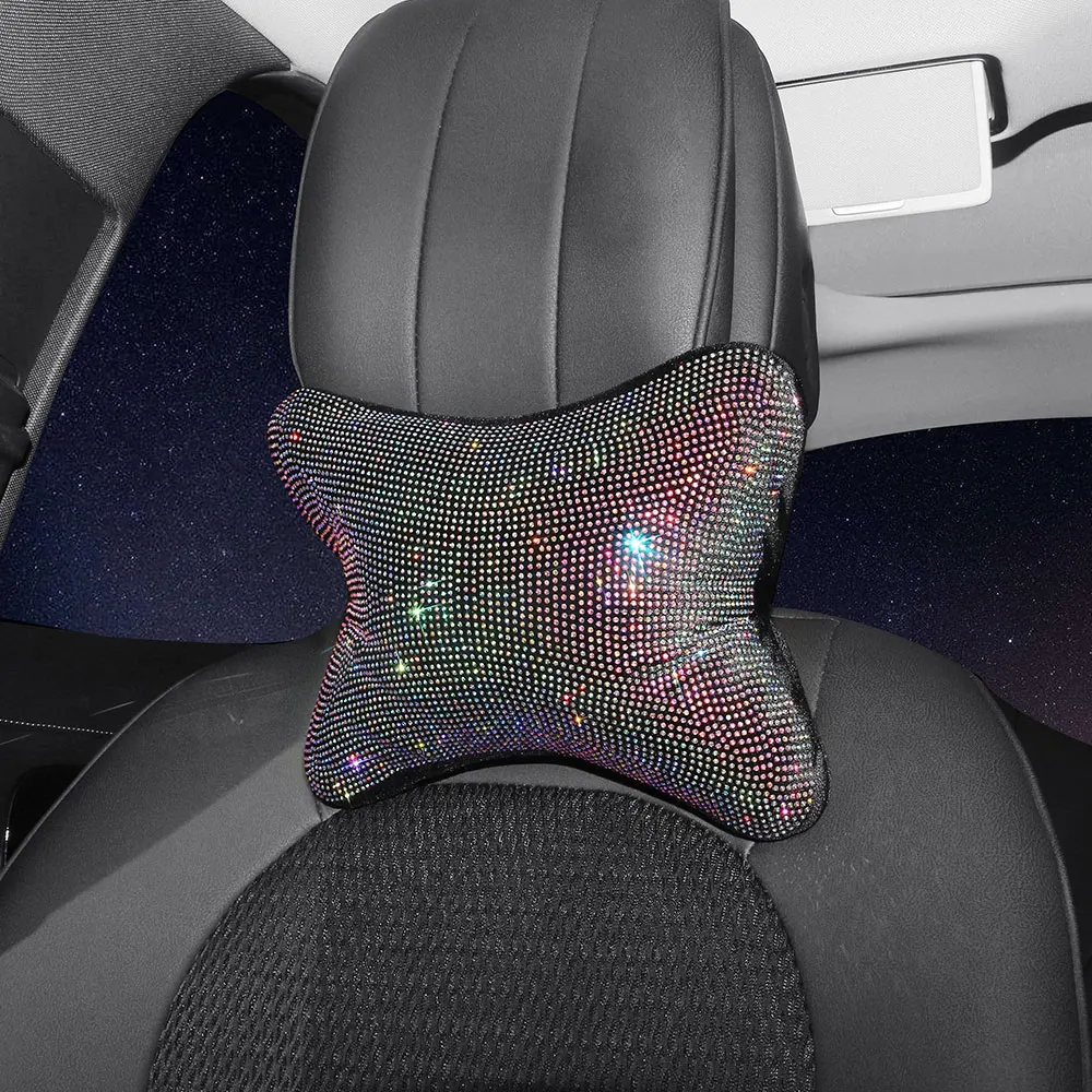 Crystal Diamond Car Neck Pillow Auto Headrest Pillow Seat Soft Pillow Rhinestone Bling Car Accessories Interior for Girls Women